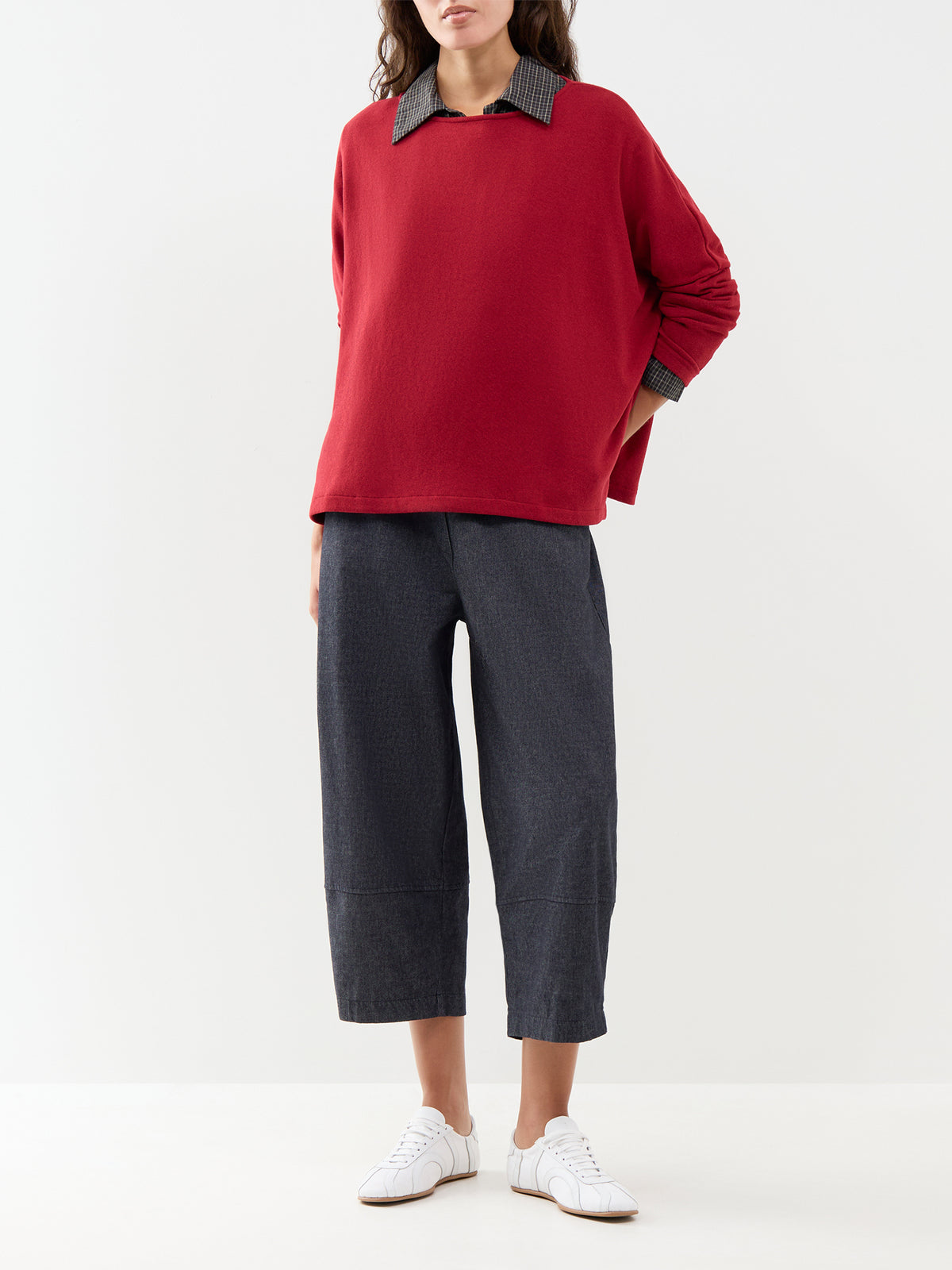 Cotton Blend Batwing Boat Neck Jumper - Red