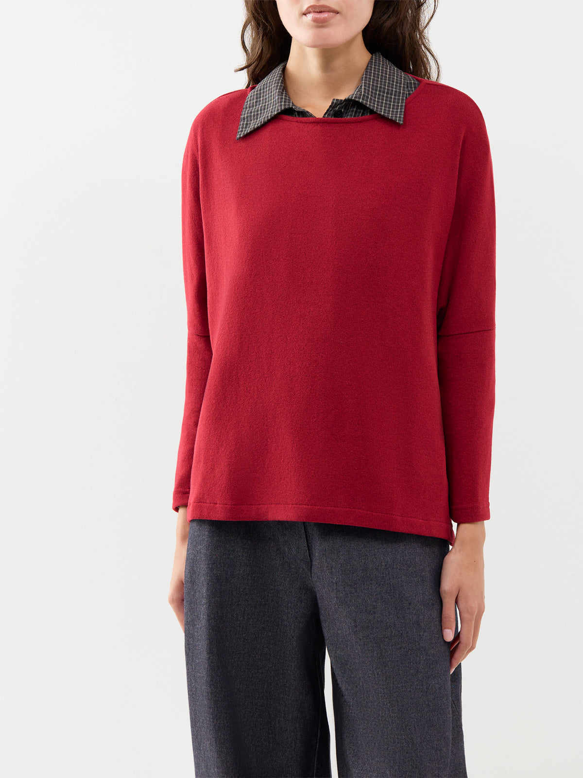 Cotton Blend Batwing Boat Neck Jumper - Red