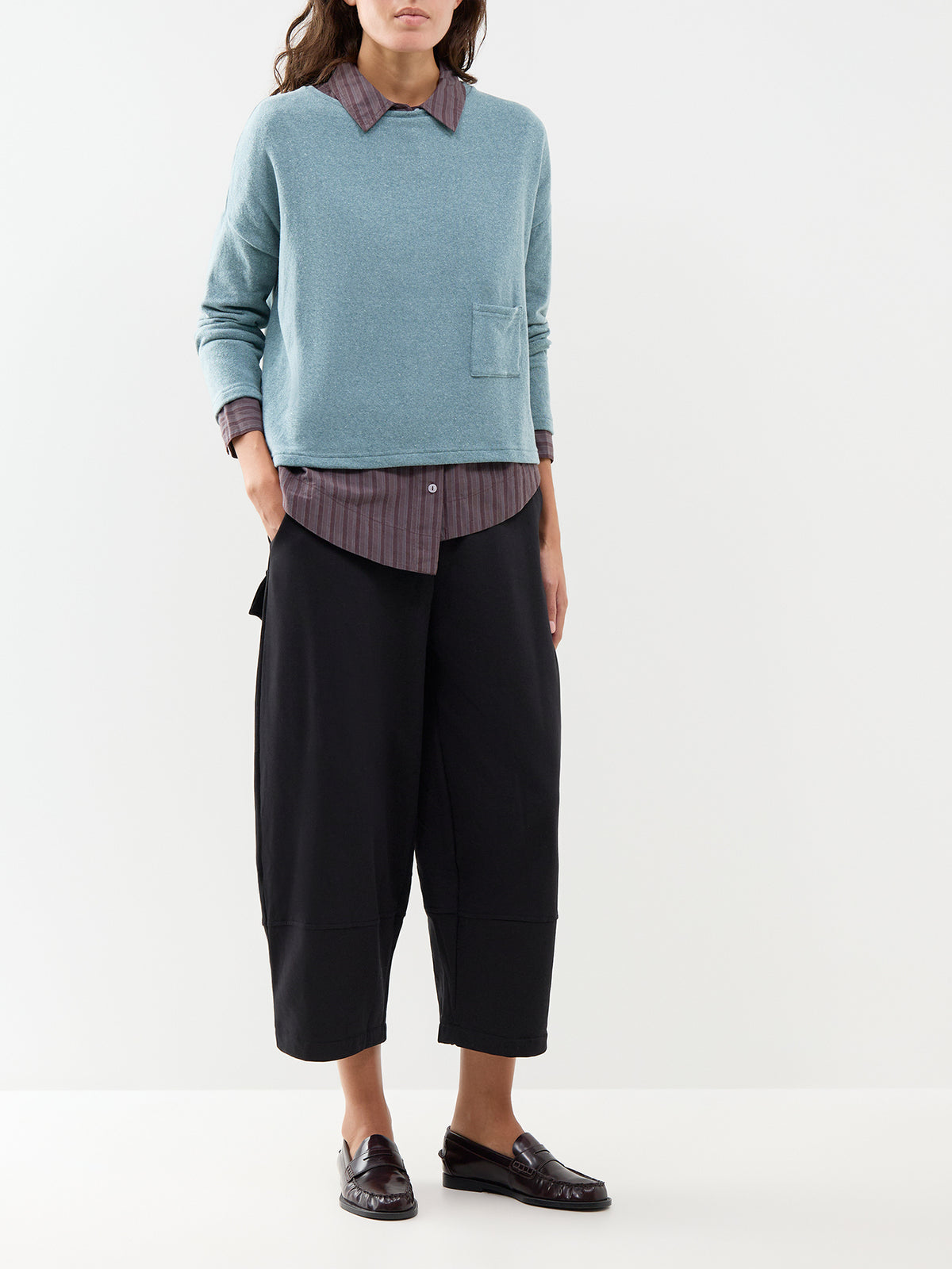 Cotton Blend Boxy One Pocket Boat Neck Jumper - Light Teal