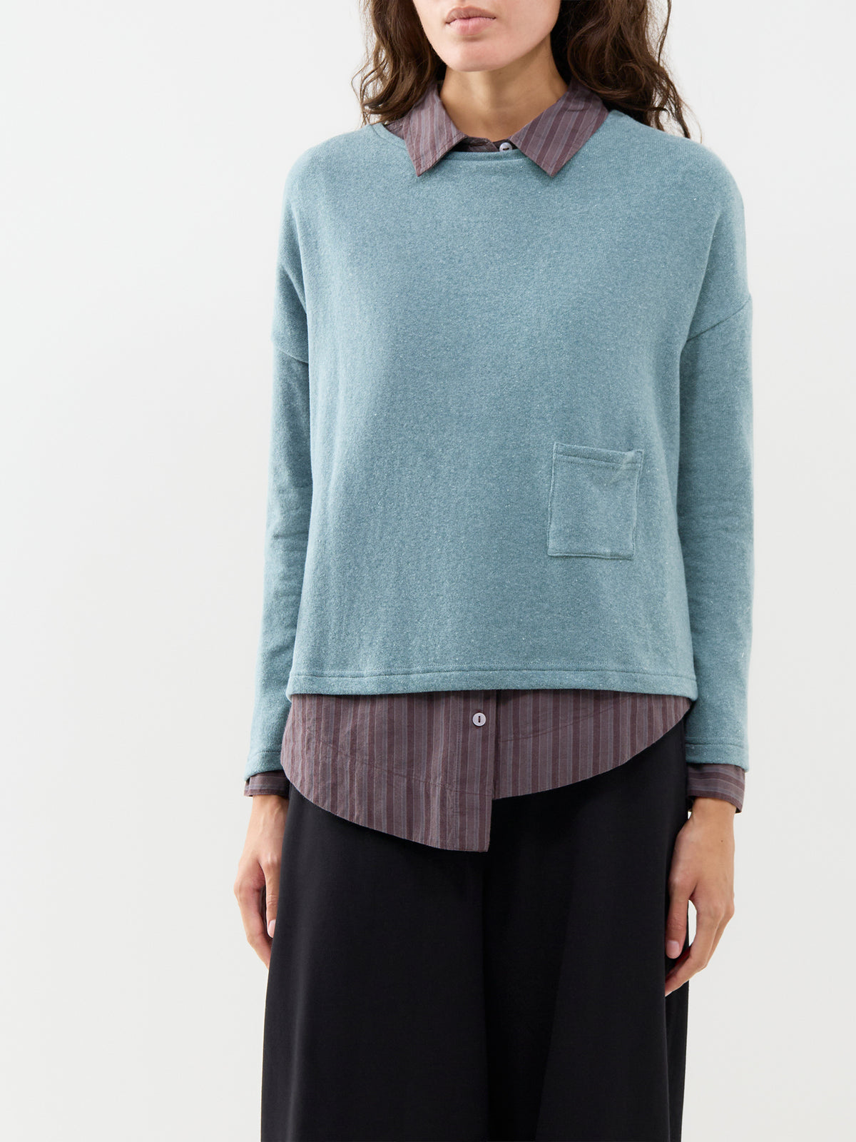 Cotton Blend Boxy One Pocket Boat Neck Jumper - Light Teal