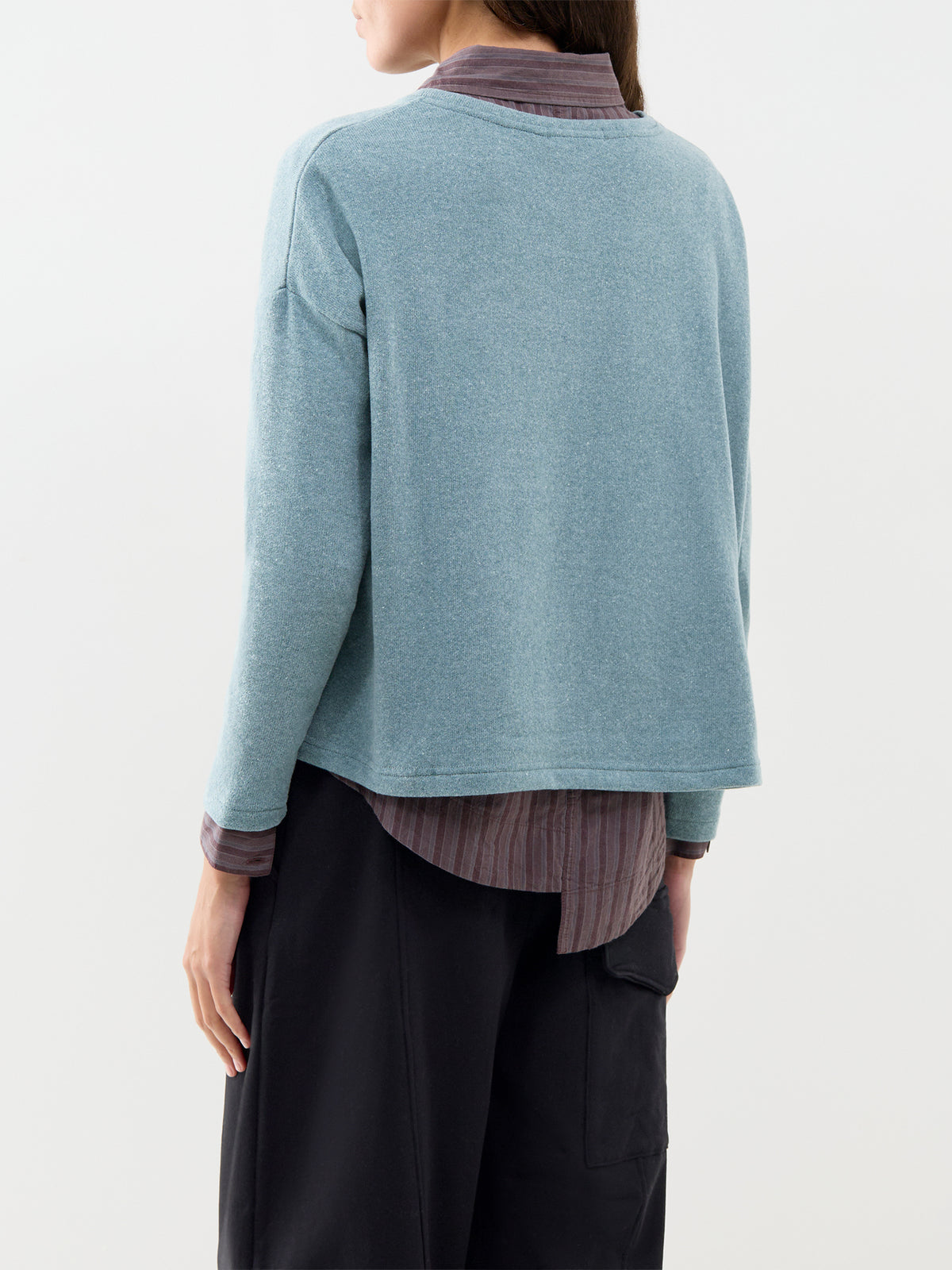 Cotton Blend Boxy One Pocket Boat Neck Jumper - Light Teal