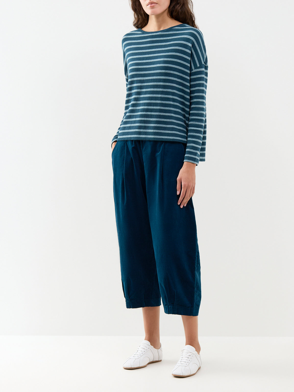 Cotton Blend Striped Boat Neck Jumper - Light & Dark Teal