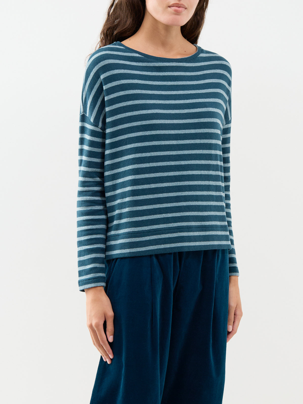 Cotton Blend Striped Boat Neck Jumper - Light & Dark Teal