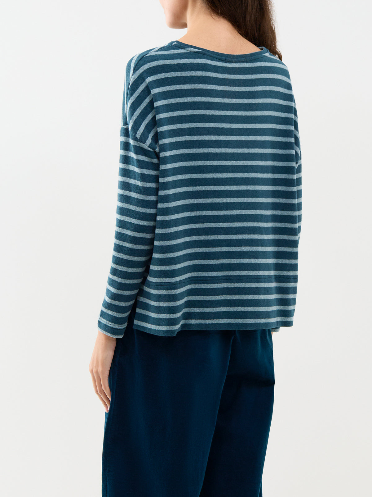 Cotton Blend Striped Boat Neck Jumper - Light & Dark Teal