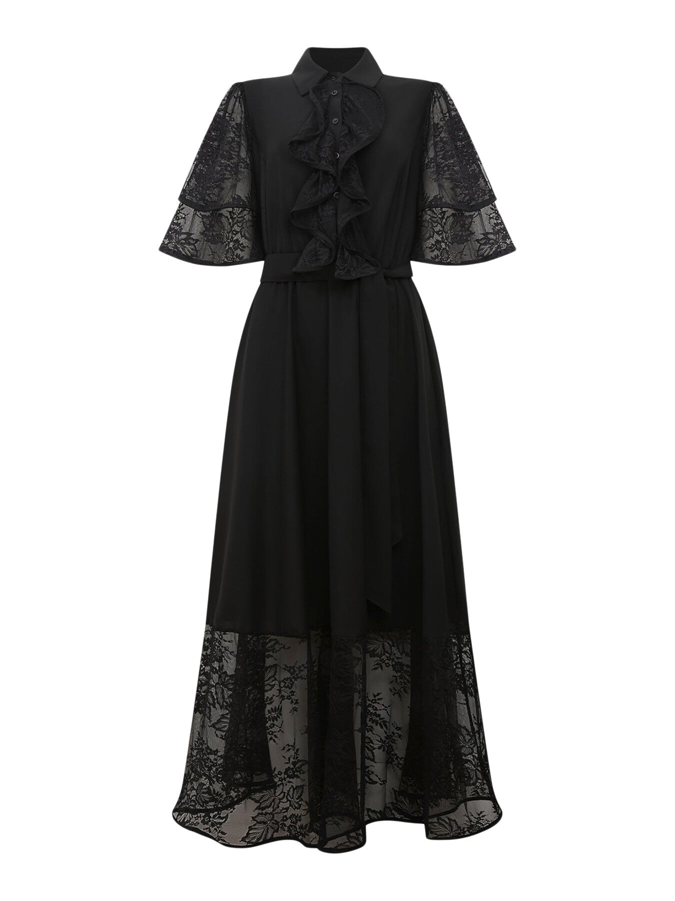 Lace Detail Front Ruffle Midi Dress