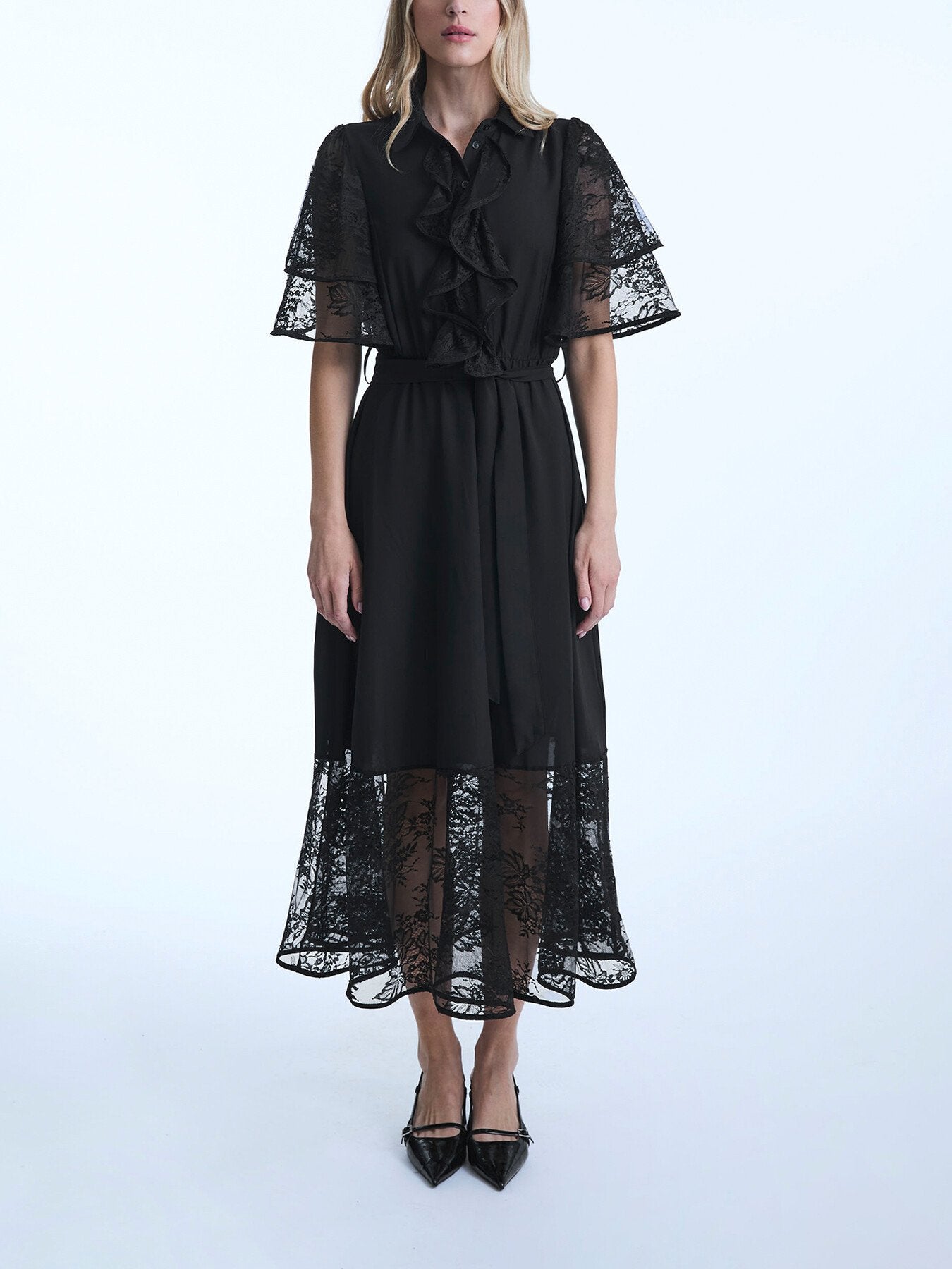 Lace Detail Front Ruffle Midi Dress