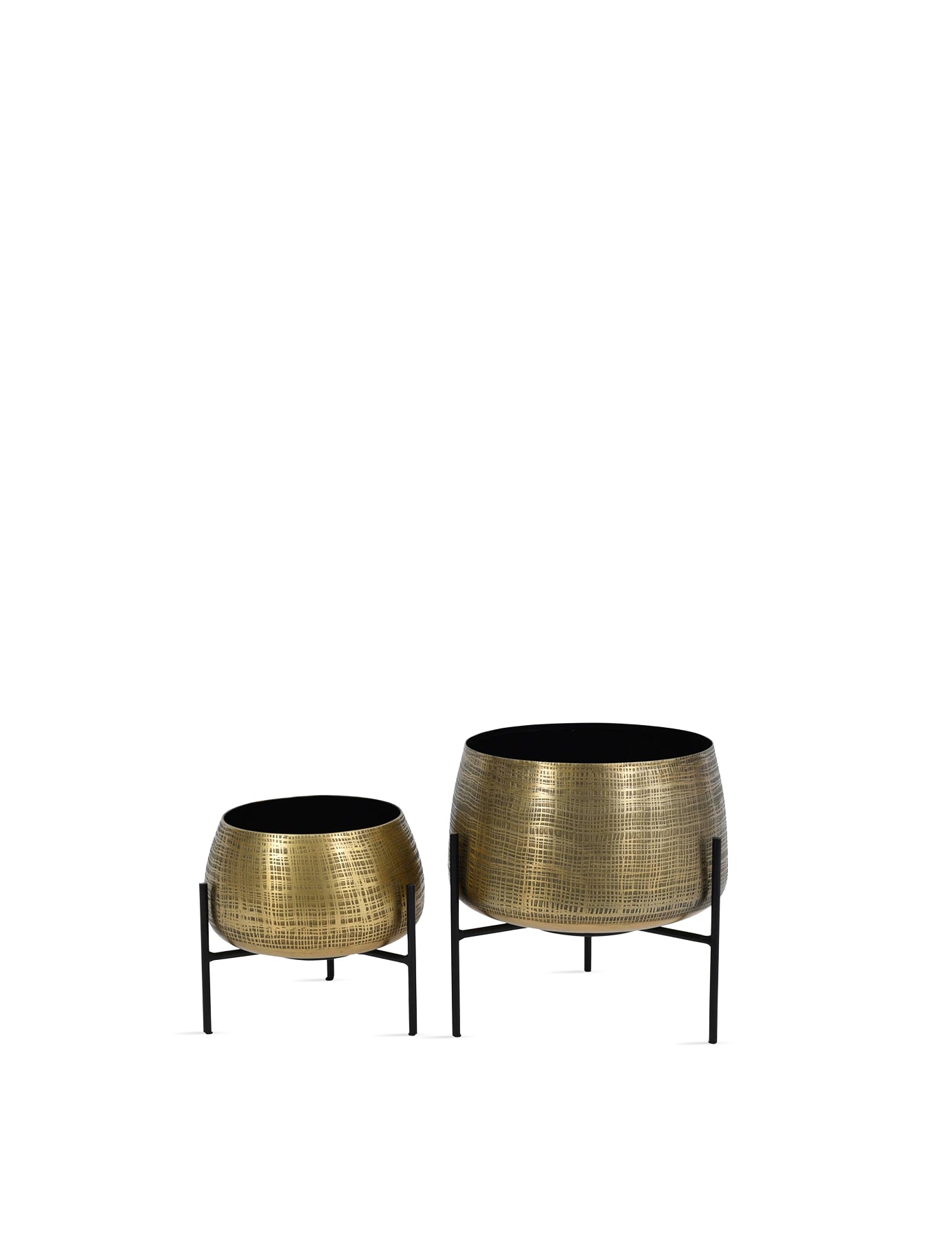 Clyde Brass Planters on Black Stands Set of Two
