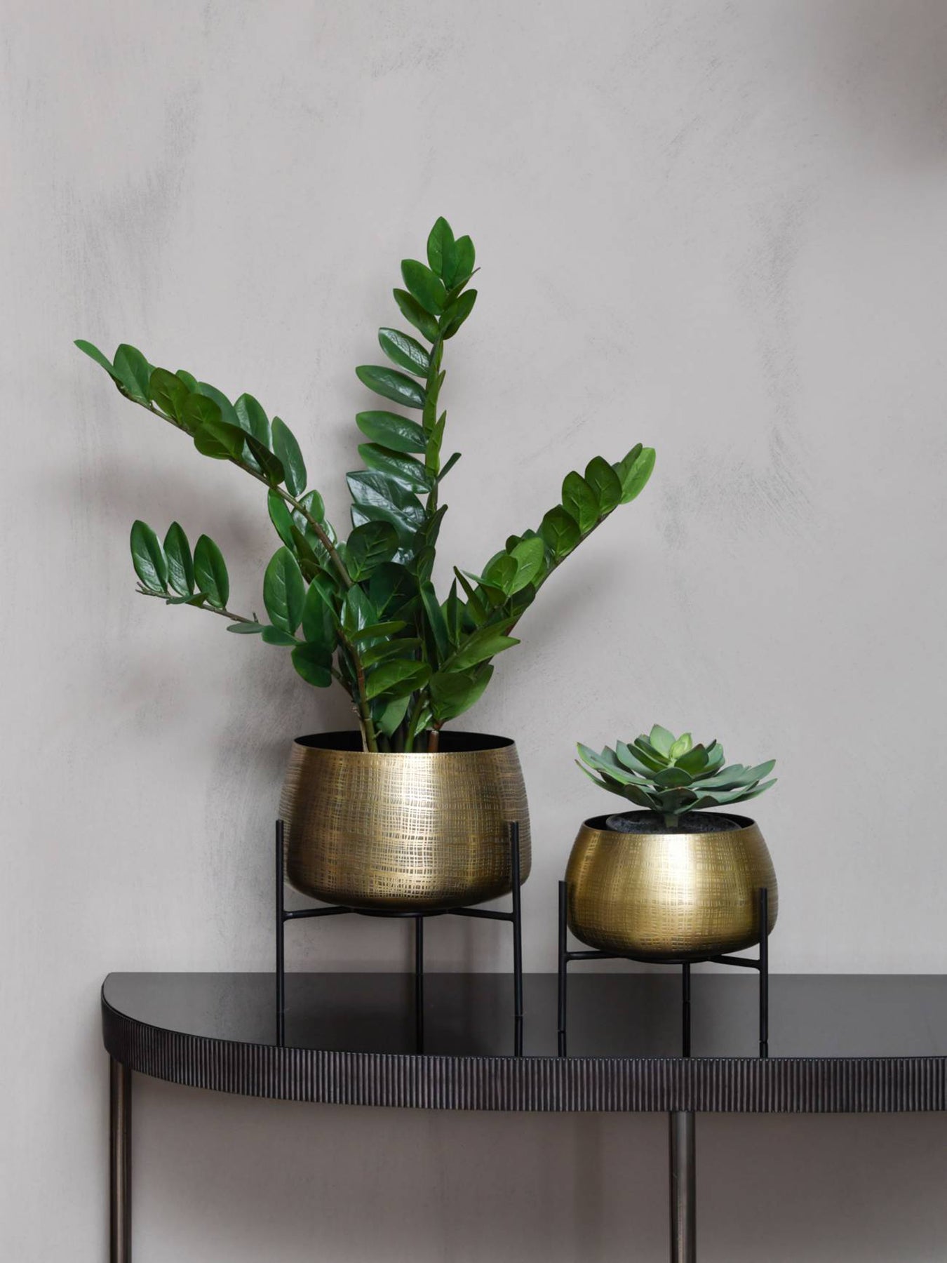 Clyde Brass Planters on Black Stands Set of Two