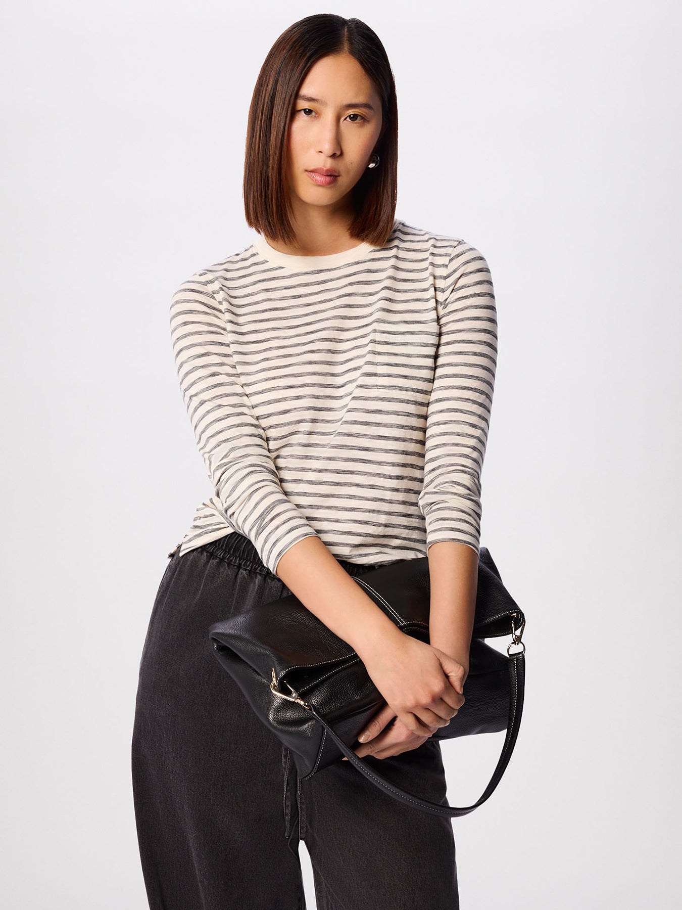 Stripe Crew Neck Pocket Top White