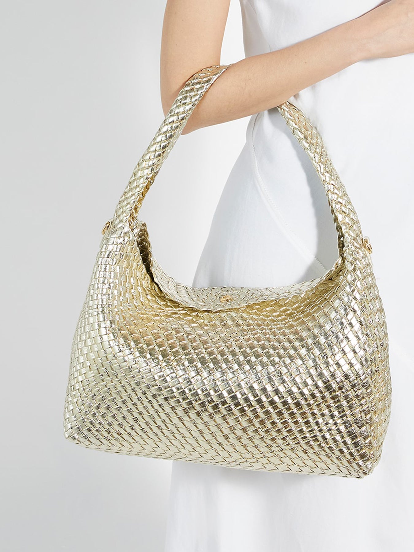 Deliberate L Gold Woven Shoulder Bag