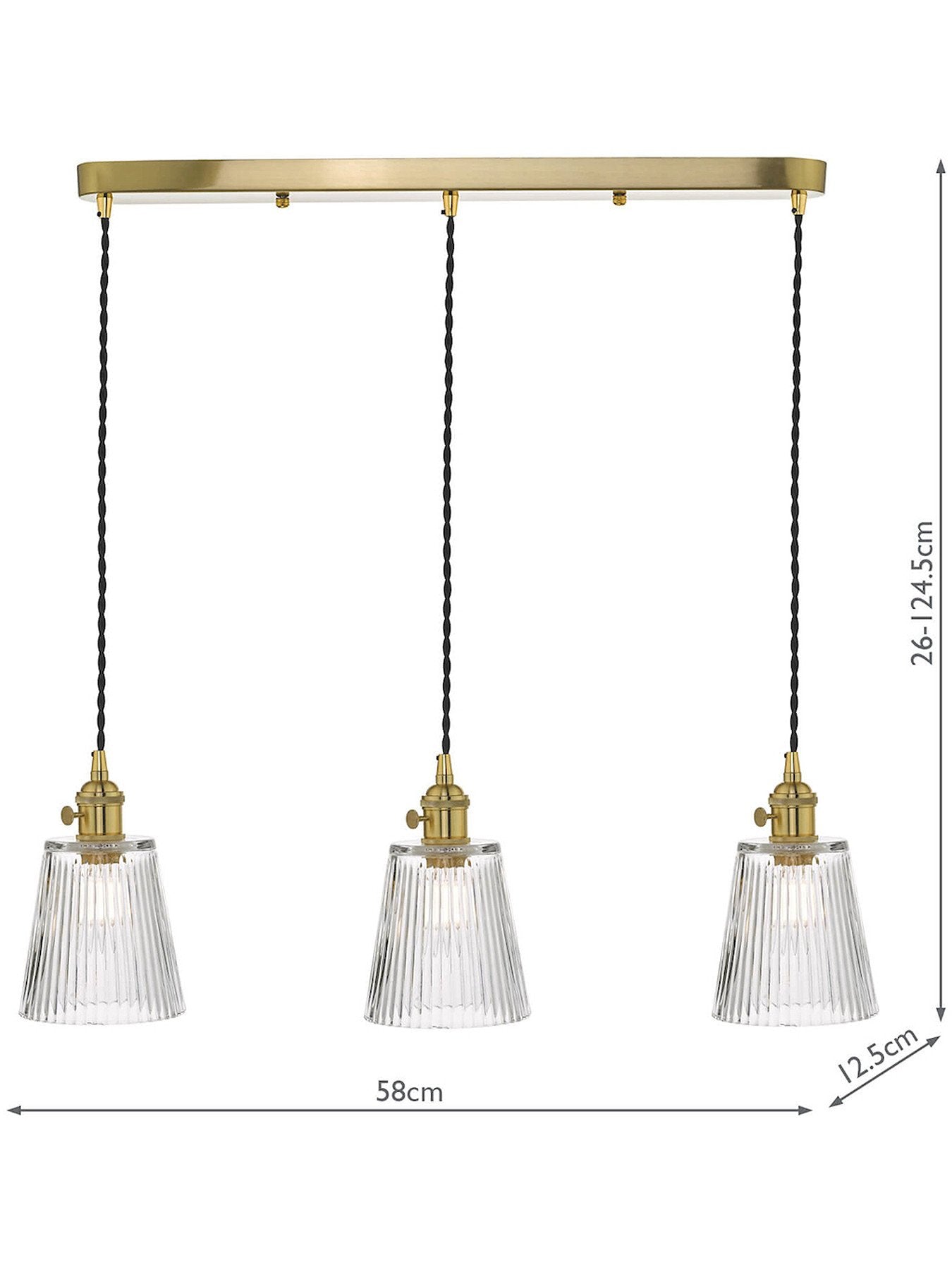 Hadano 3 Light Brass Suspension with Ribbed Glass Shades