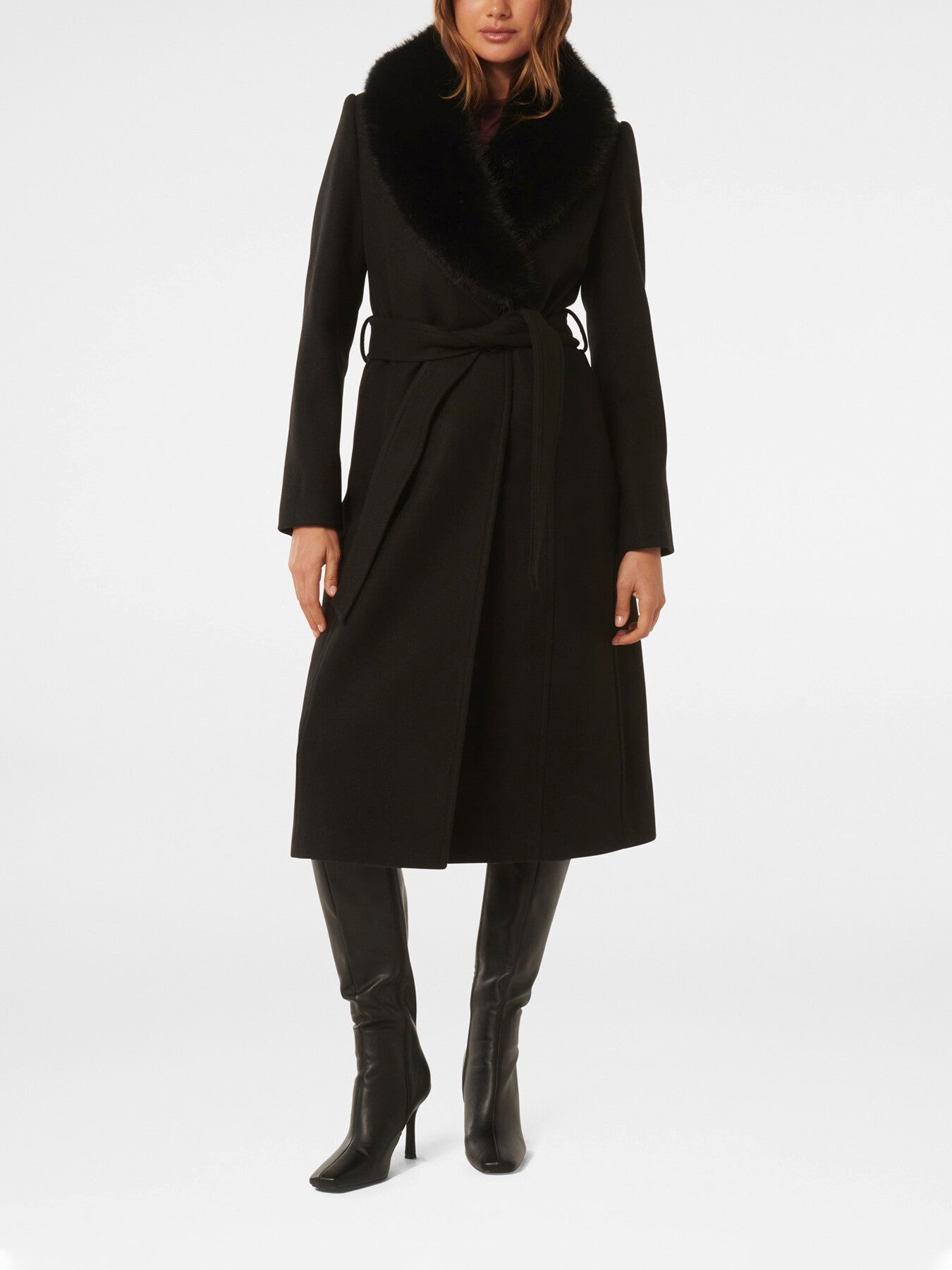 Monica Faux Fur Collared Wrap Coat