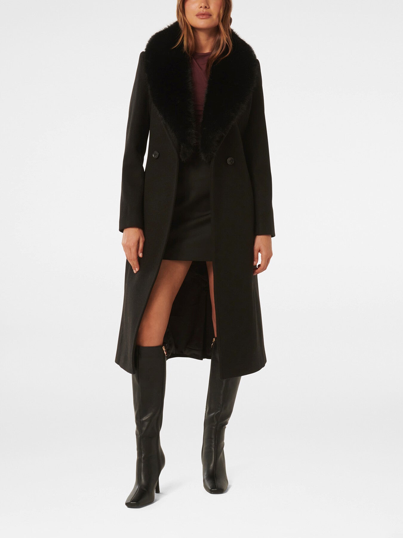 Monica Faux Fur Collared Wrap Coat
