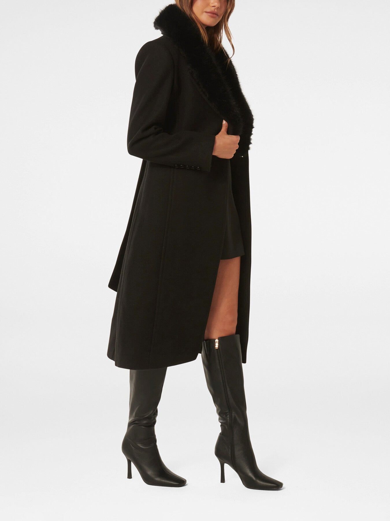 Monica Faux Fur Collared Wrap Coat
