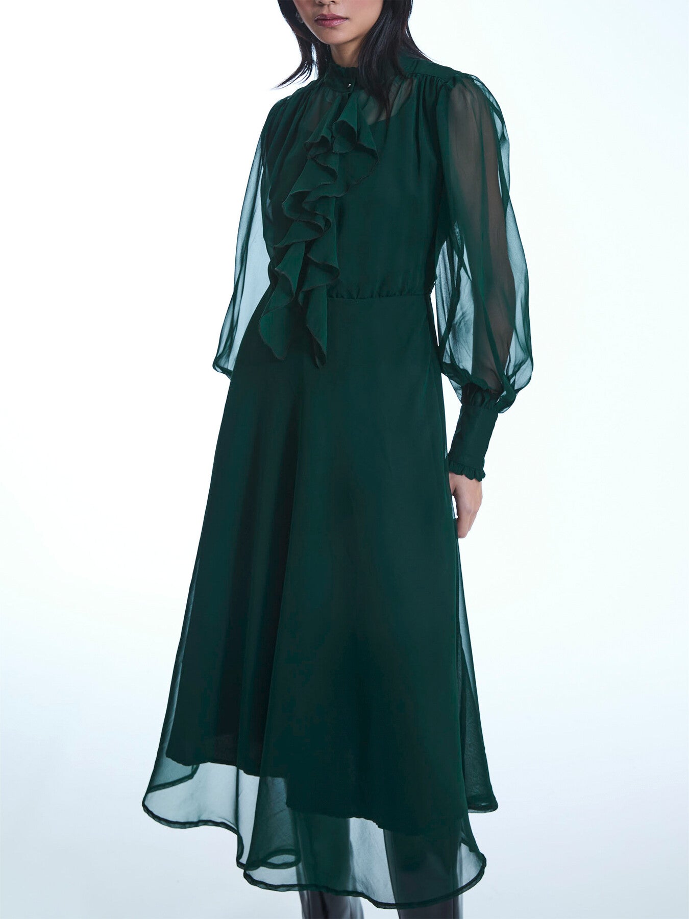 Green Ruffle Shift Midi Dress