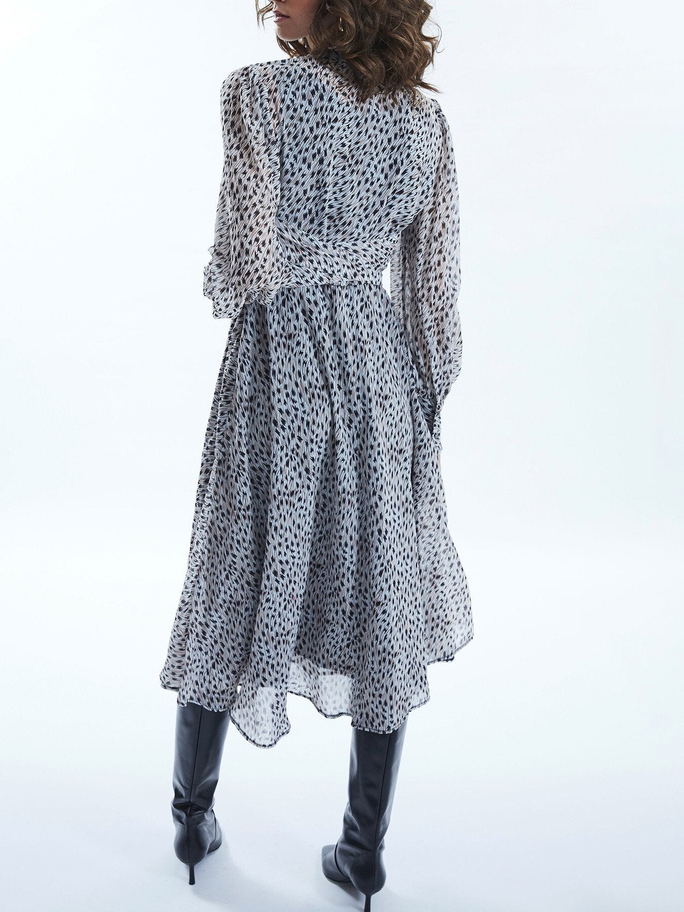 Printed Front Ruffle Midi Dress