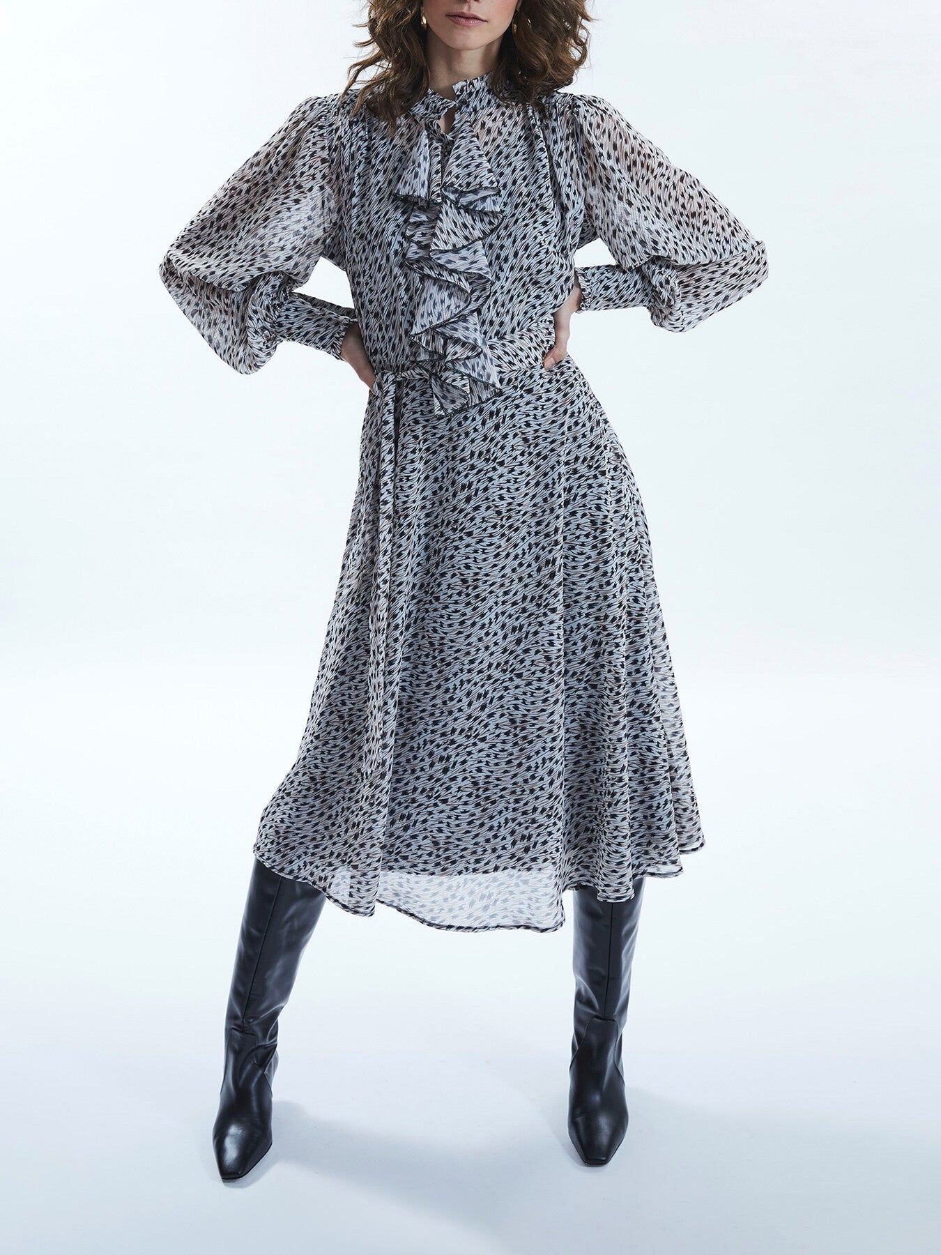 Printed Front Ruffle Midi Dress