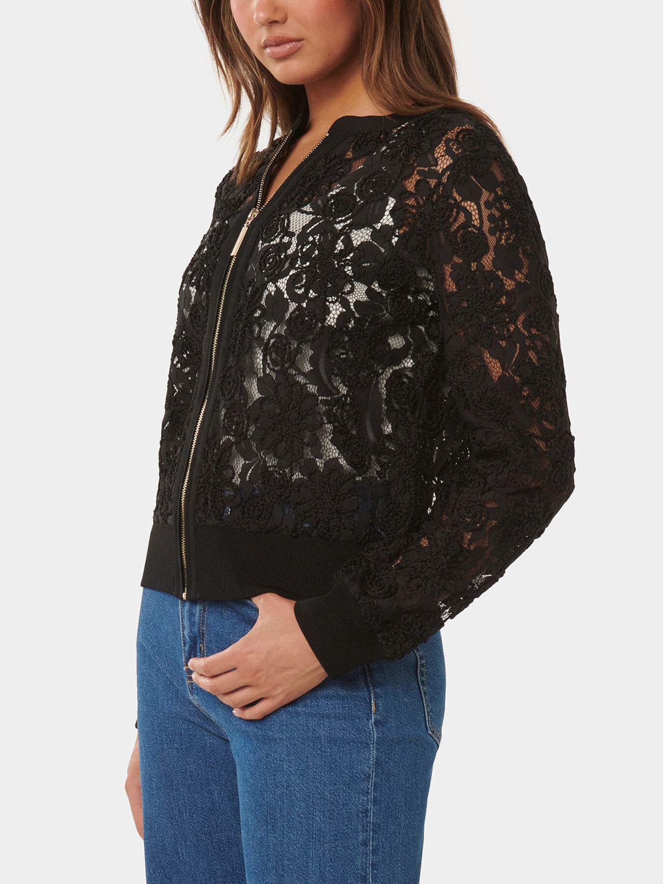 Riley Lace Mixed Knit Bomber Jacket