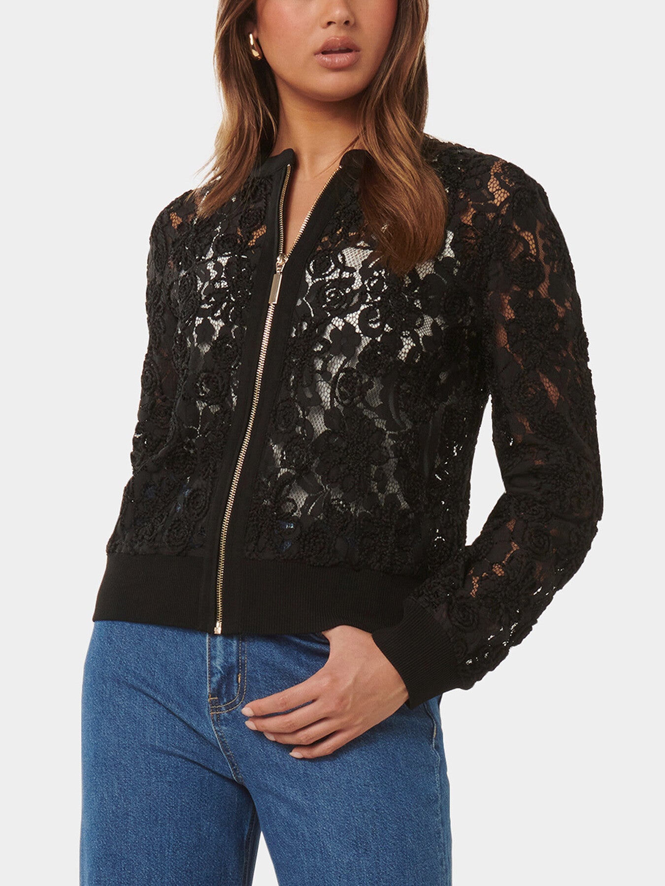 Riley Lace Mixed Knit Bomber Jacket