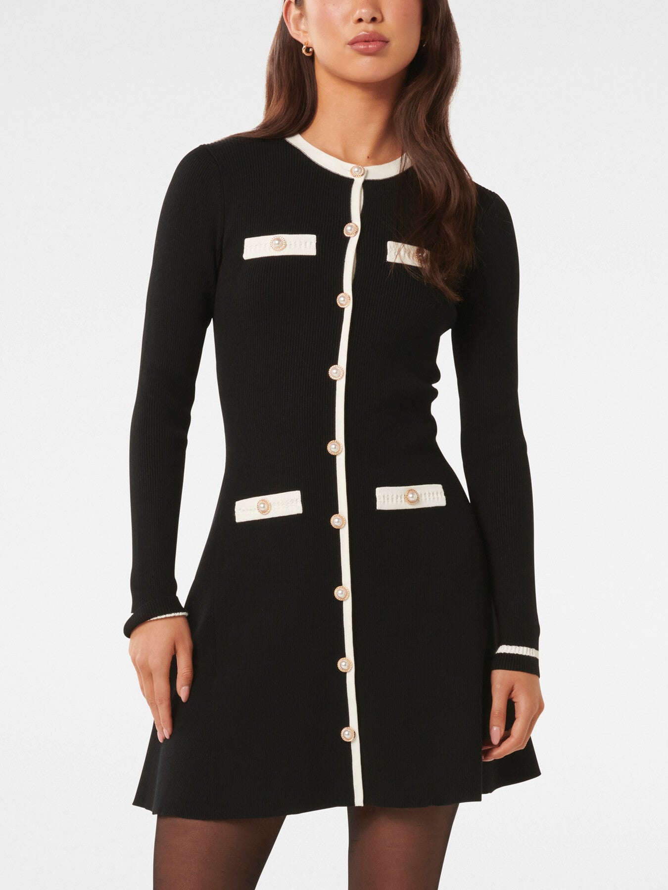 Kerry Contrast Long Sleeves Knit Mini Dress - Mono Tipped / 4 Kerry Contrast Long Sleeves Knit Mini Dress - Mono Tipped / 4