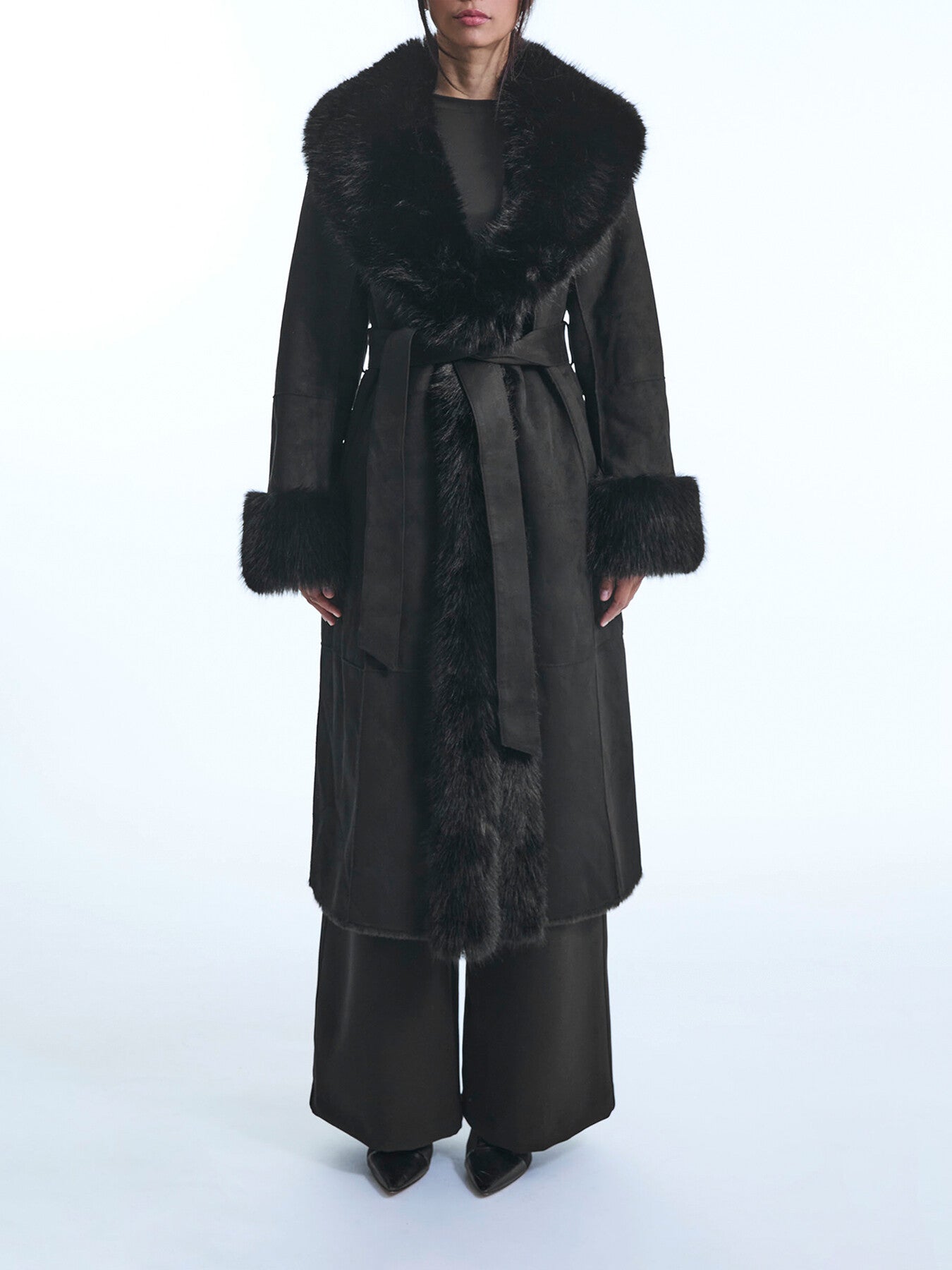 Faux Fur Cuff Belted Coat