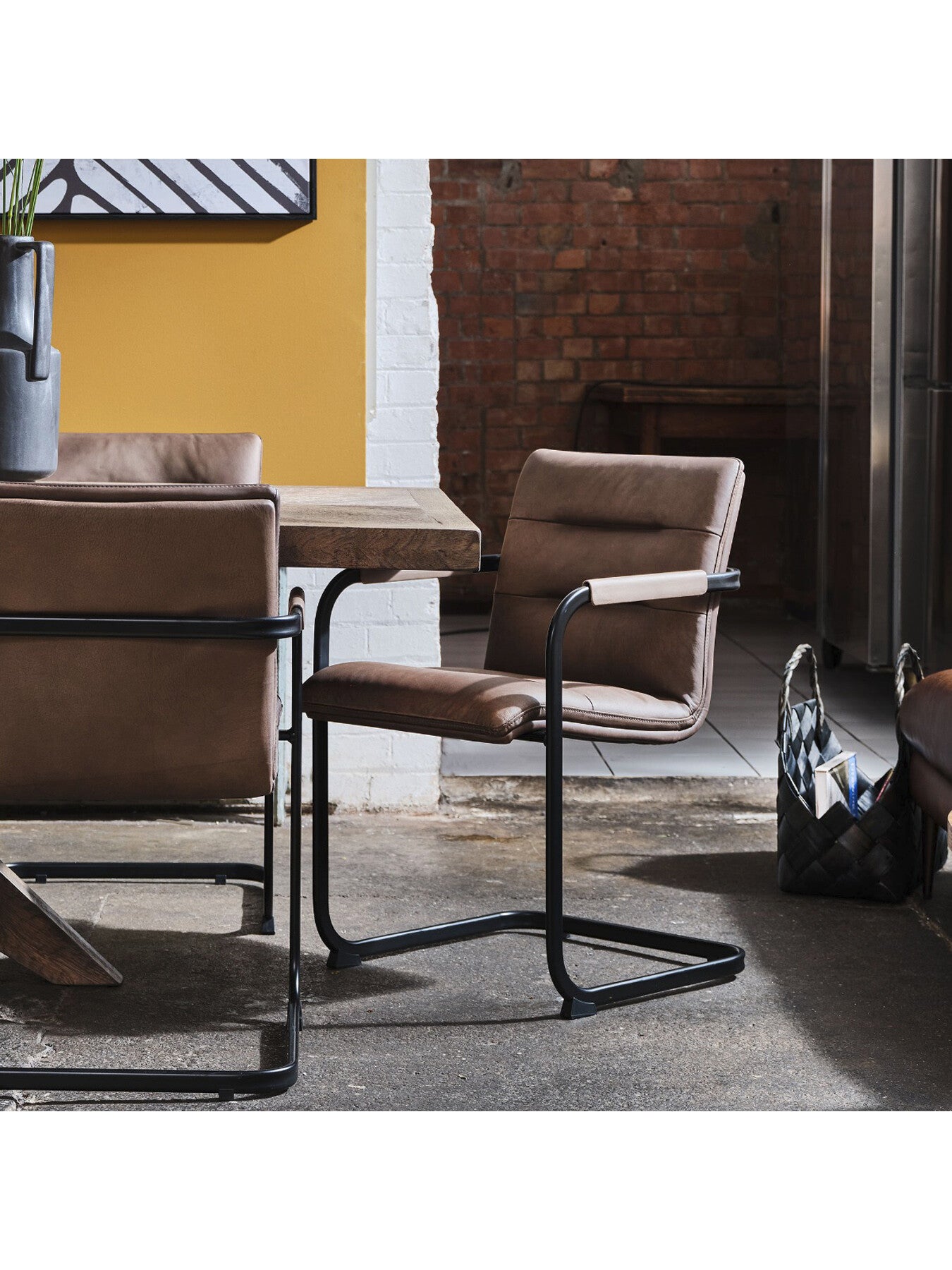 Brown Rigel Brown Leather Dining Armchair With Black Metal B