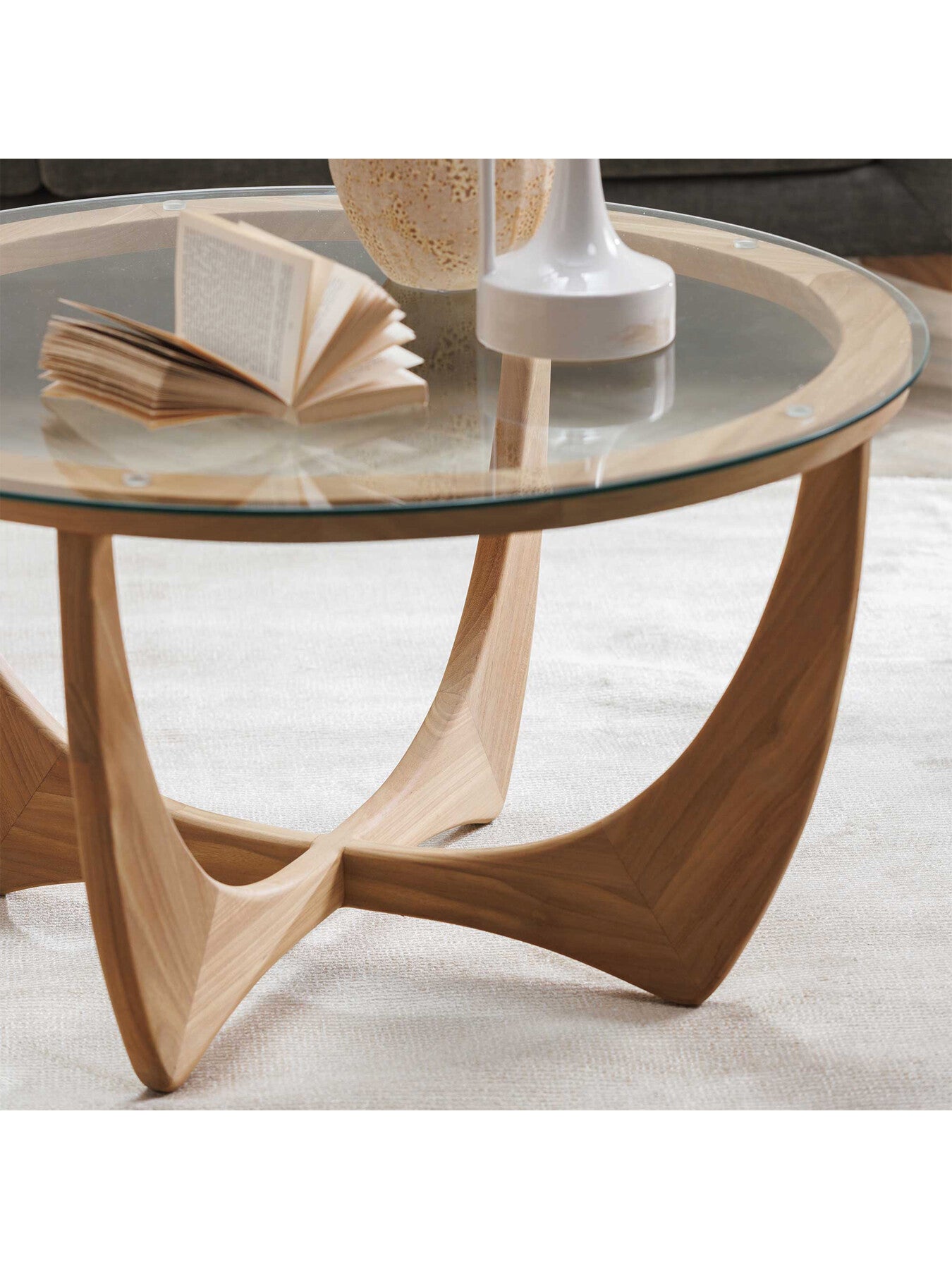 Yves Round Brown Teak Wood and Glass Coffee Table