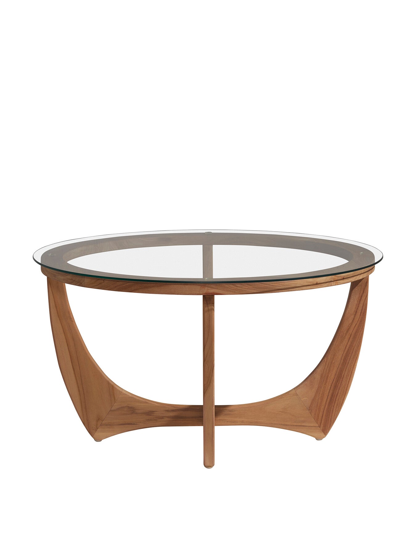 Yves Round Brown Teak Wood and Glass Coffee Table