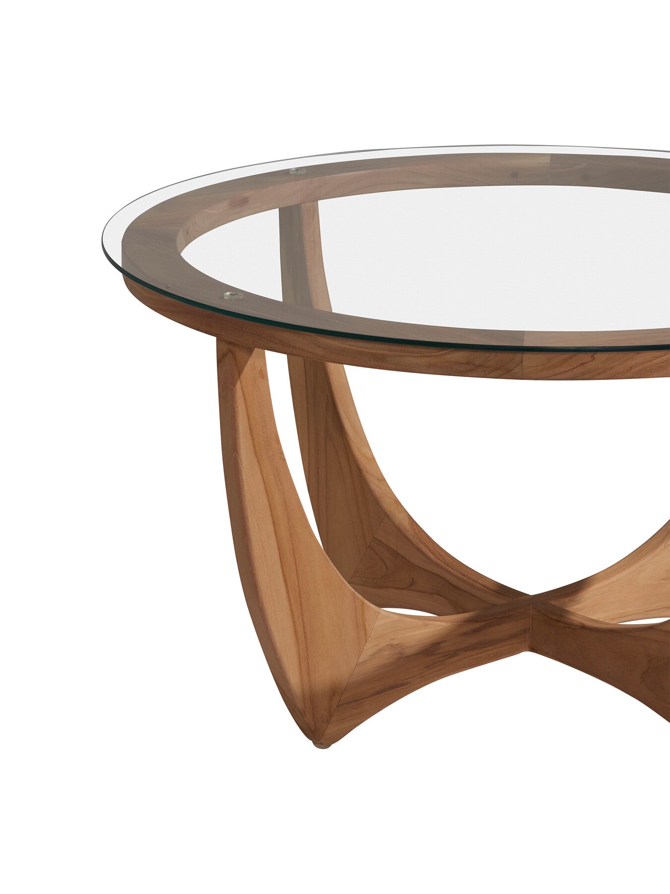 Yves Round Brown Teak Wood and Glass Coffee Table