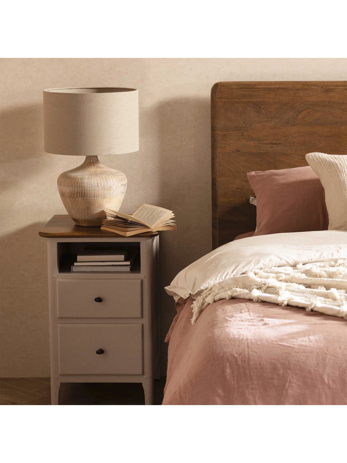 Neutral Mara Mango Wood 2 Drawer Bedside With Open Shelf Uni