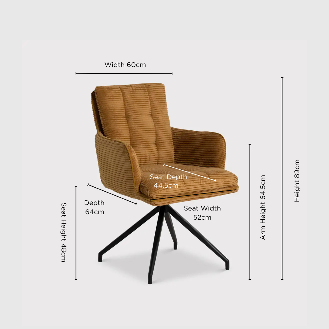 Odine Orange Velvet Swivel Stitched Dining Chair with High Arms