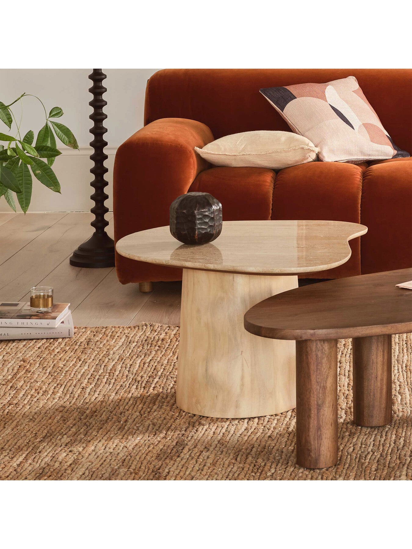 Brown Rodin Neutral Mango Wood and Travertine Side Table, 70