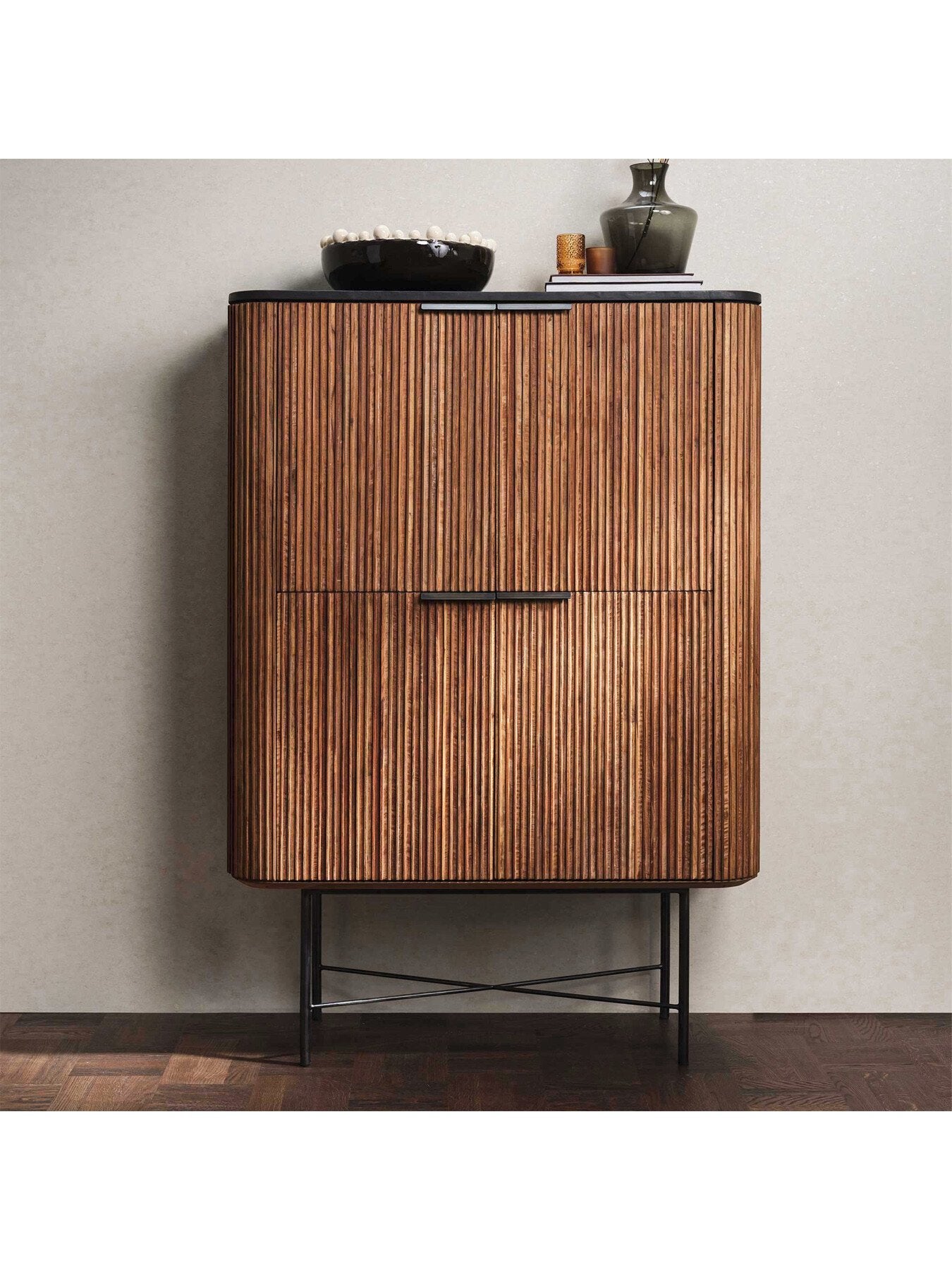 Brown Trinidad Fluted Reclaimed Teak Wood Tall Cabinet