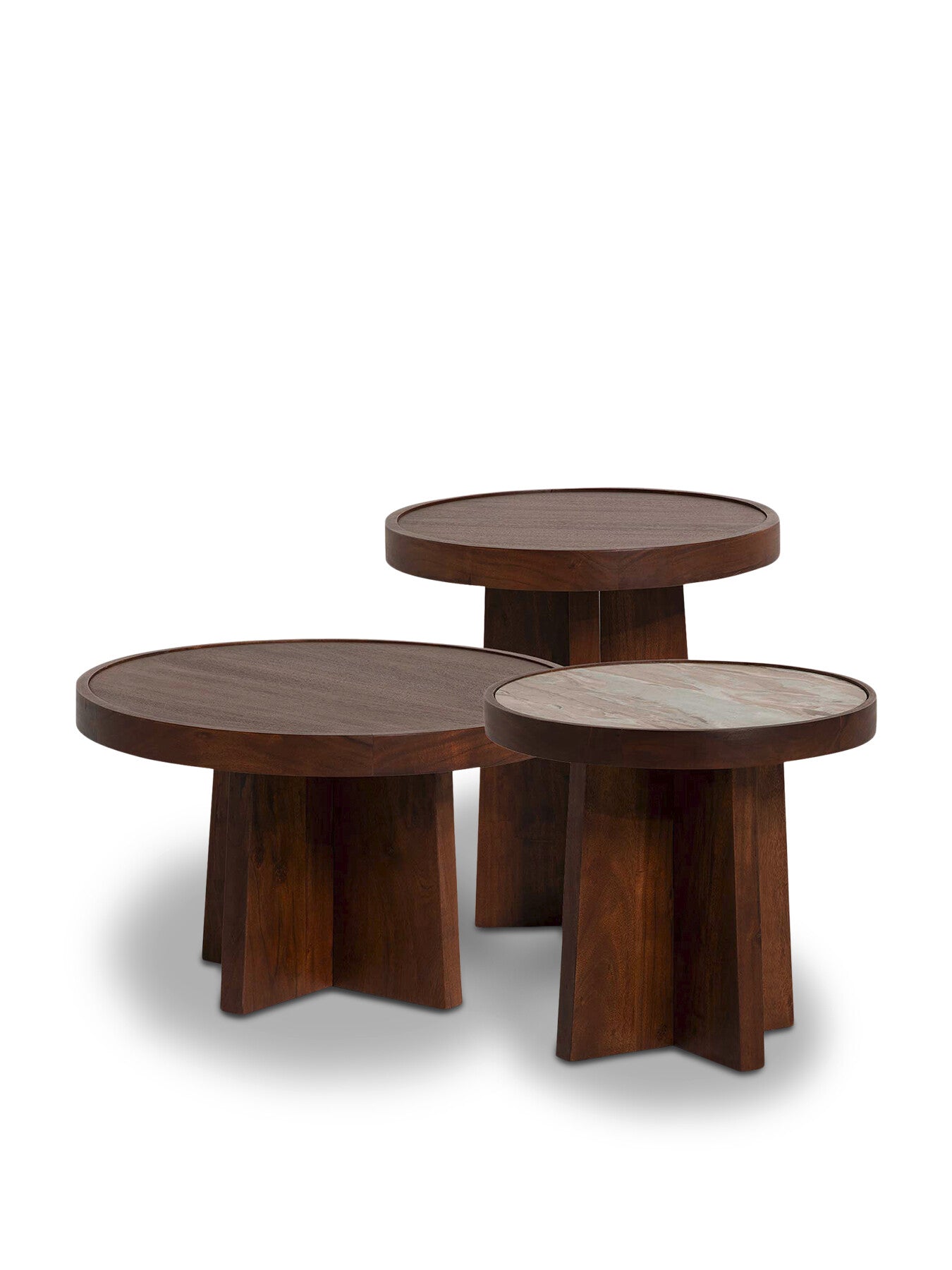 Brown Zambezi Marble and Brown Acacia Wood Nest Of 3 Tables
