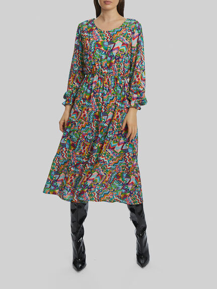 Printed V-Neck Tiered Midi Dress