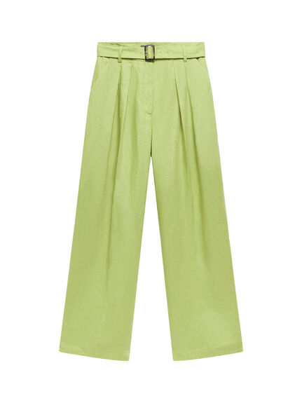 Green Linen Belted Trousers